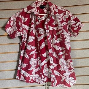 Ocean Current Short Sleeve Button Up Shirt Red White Flowered Men’s Small Hawaii